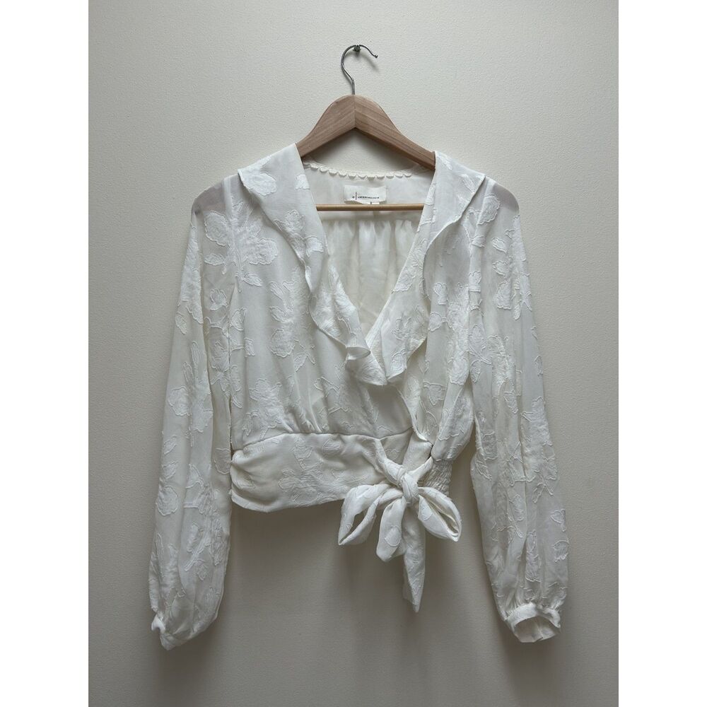 Anthropologie Sheer White Floral V-Neck Wrap Blouse Flowy Breezy size XS